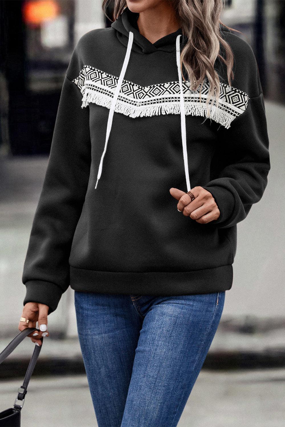 Contrast Fringe Detail Dropped Shoulder Hoodie BLUE ZONE PLANET