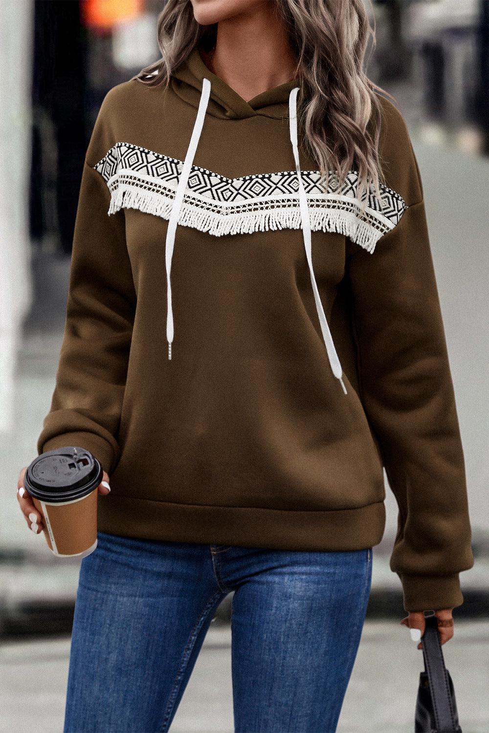 Contrast Fringe Detail Dropped Shoulder Hoodie BLUE ZONE PLANET