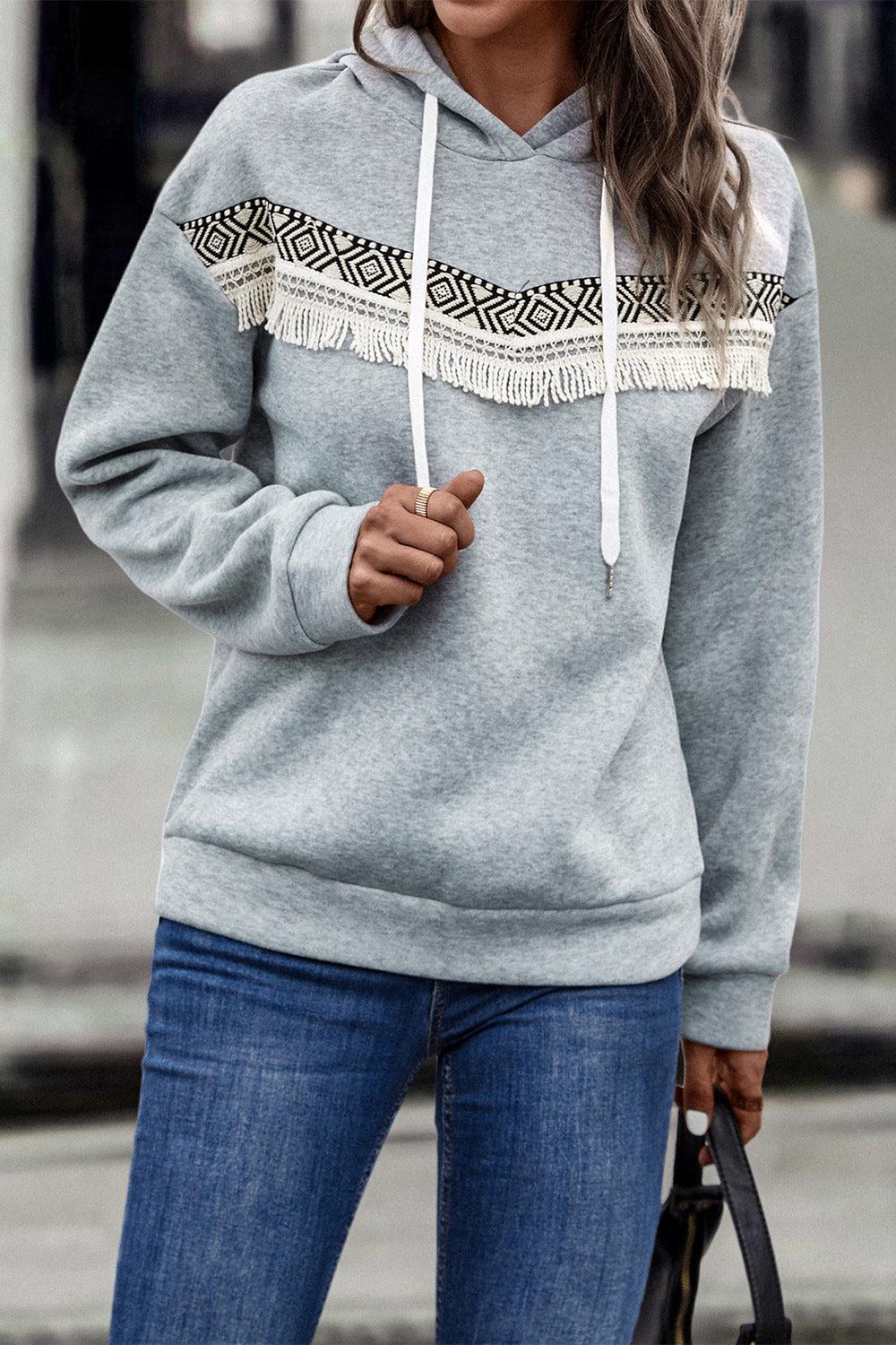 Contrast Fringe Detail Dropped Shoulder Hoodie BLUE ZONE PLANET