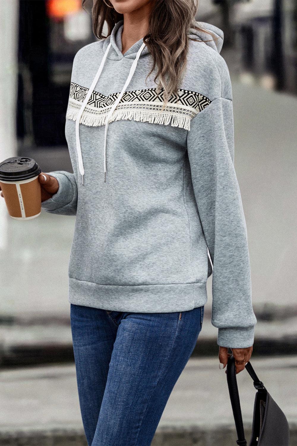 Contrast Fringe Detail Dropped Shoulder Hoodie BLUE ZONE PLANET
