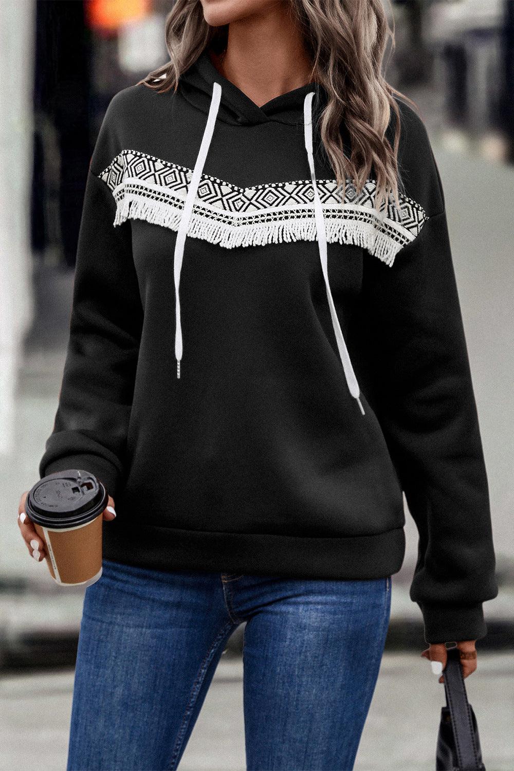 Contrast Fringe Detail Dropped Shoulder Hoodie BLUE ZONE PLANET