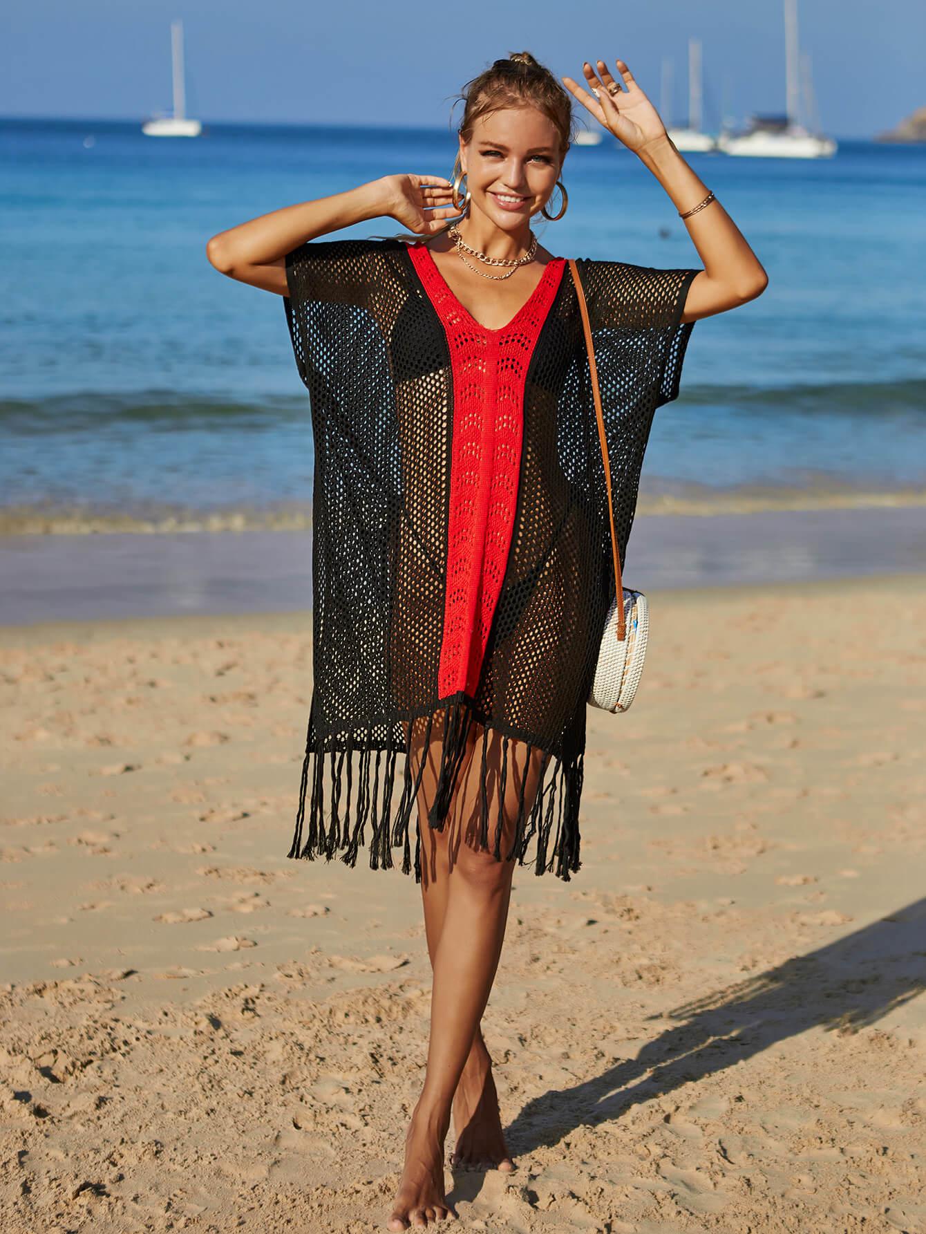 Contrast Fringe Trim Openwork Cover-Up Dress BLUE ZONE PLANET