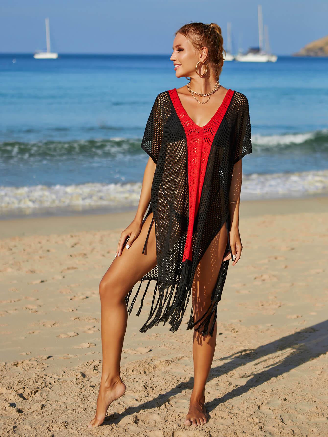 Contrast Fringe Trim Openwork Cover-Up Dress BLUE ZONE PLANET
