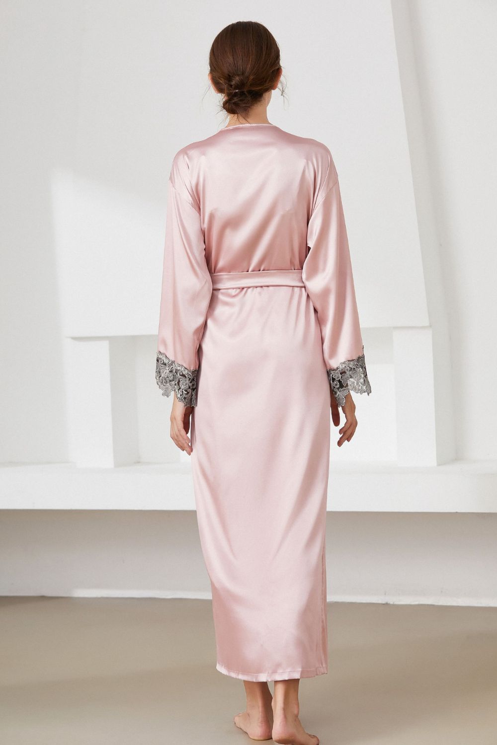 Contrast Lace Trim Belted Robe BLUE ZONE PLANET