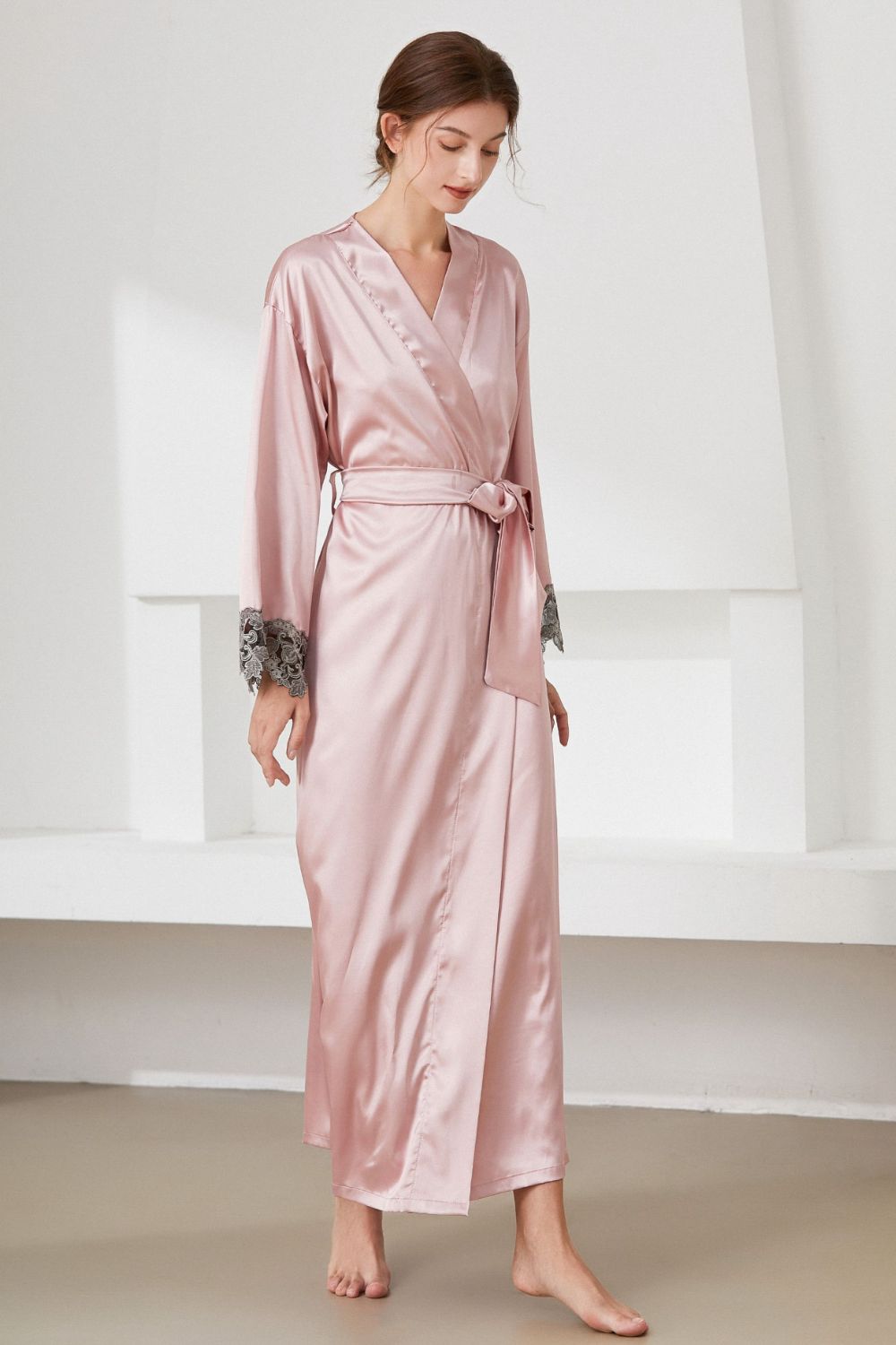 Contrast Lace Trim Belted Robe BLUE ZONE PLANET