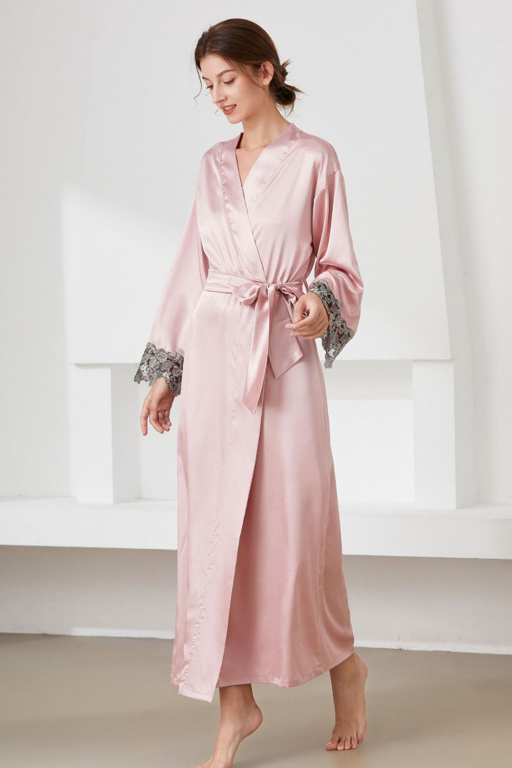 Contrast Lace Trim Belted Robe BLUE ZONE PLANET
