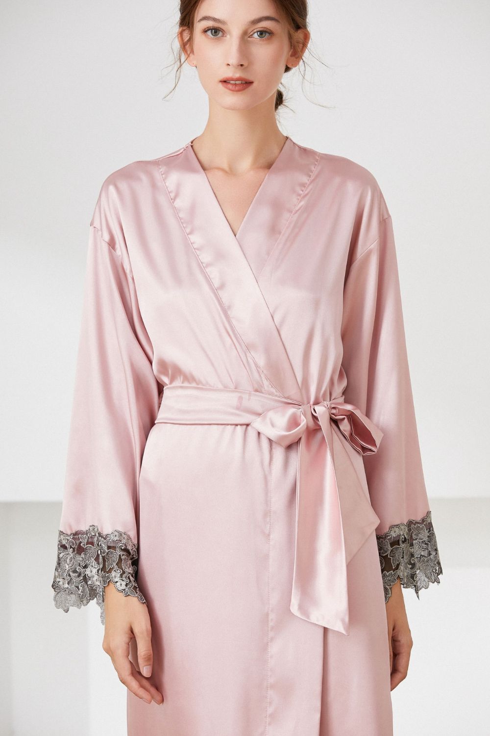 Contrast Lace Trim Belted Robe BLUE ZONE PLANET