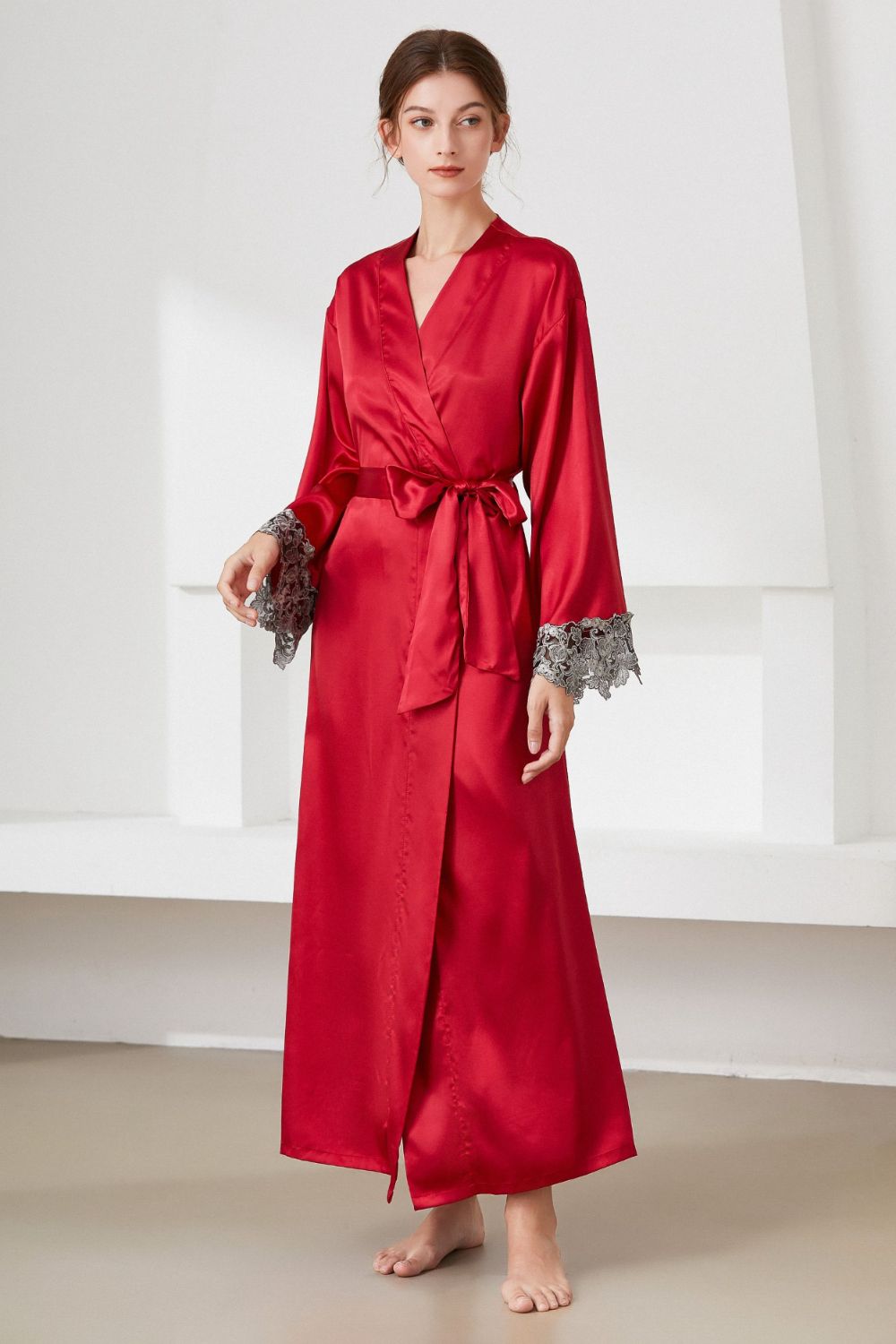 Contrast Lace Trim Belted Robe BLUE ZONE PLANET
