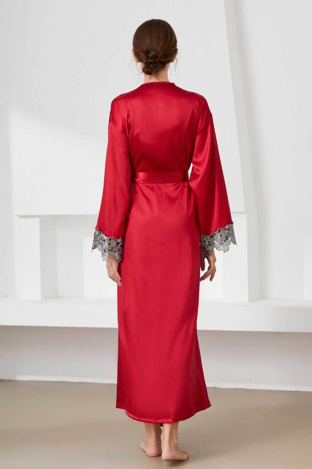 Contrast Lace Trim Belted Robe BLUE ZONE PLANET