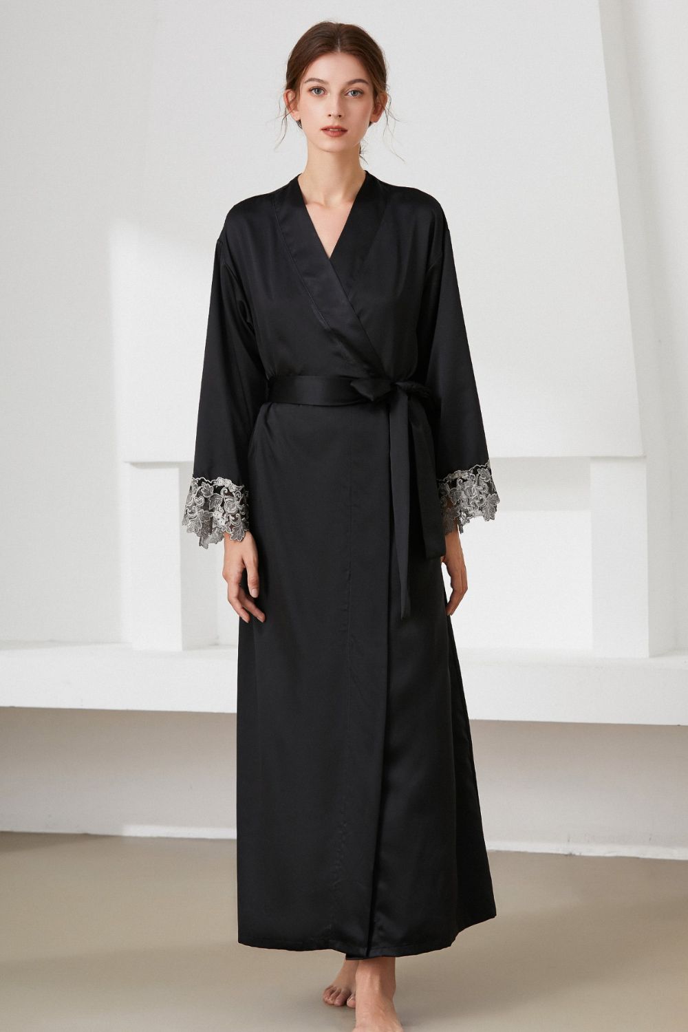 Contrast Lace Trim Belted Robe BLUE ZONE PLANET