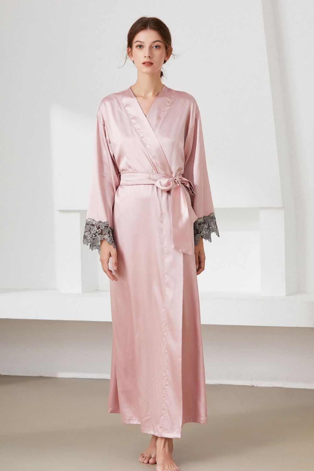 Contrast Lace Trim Belted Robe BLUE ZONE PLANET