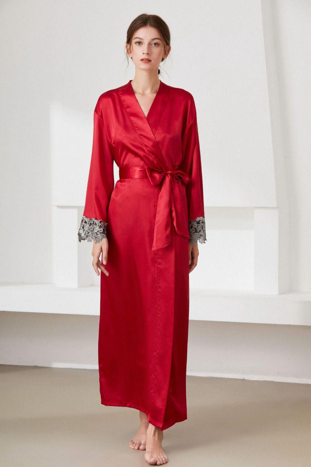 Contrast Lace Trim Belted Robe BLUE ZONE PLANET