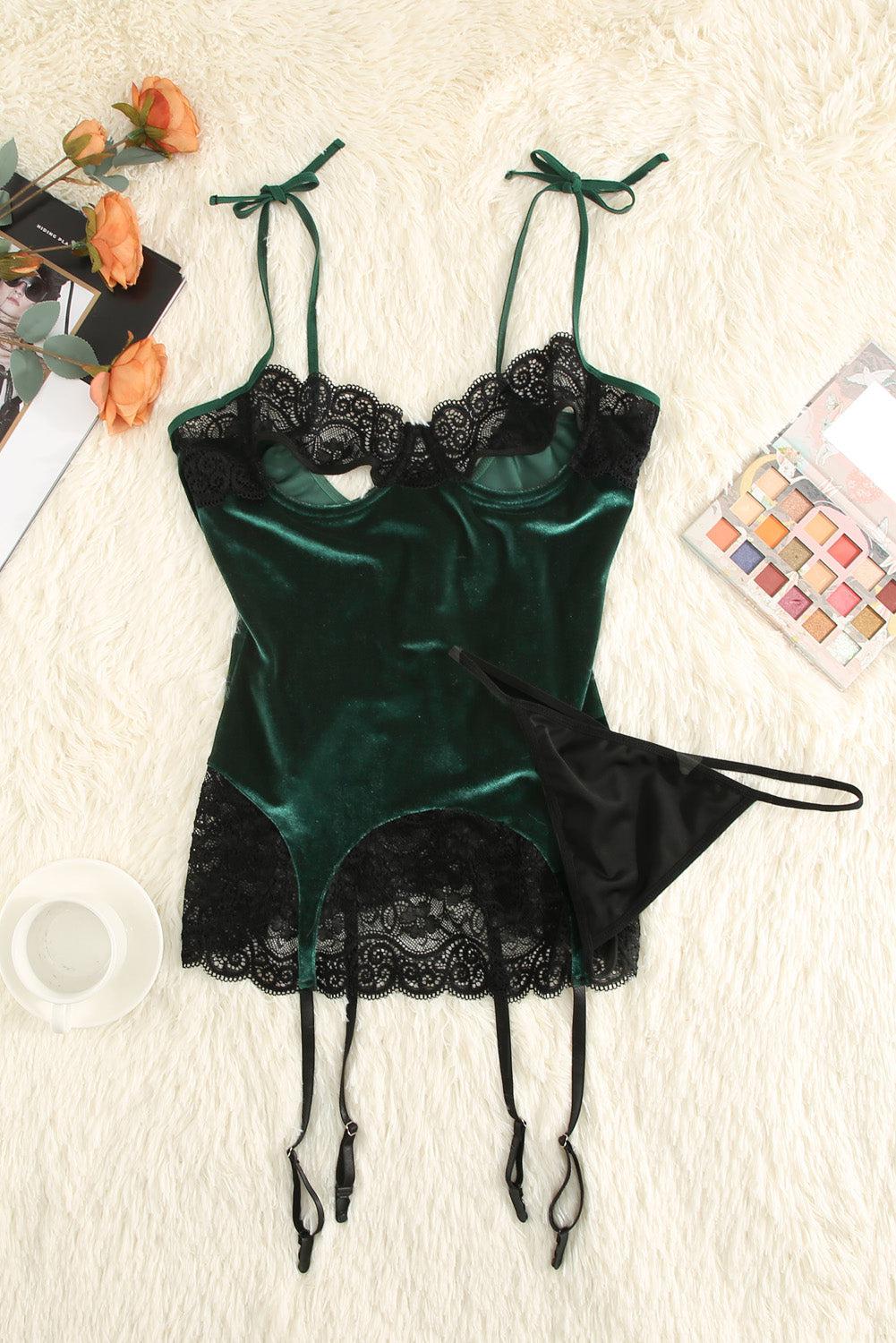 Contrast Lace Velvet Cutout Halter Neck Babydoll Set BLUE ZONE PLANET