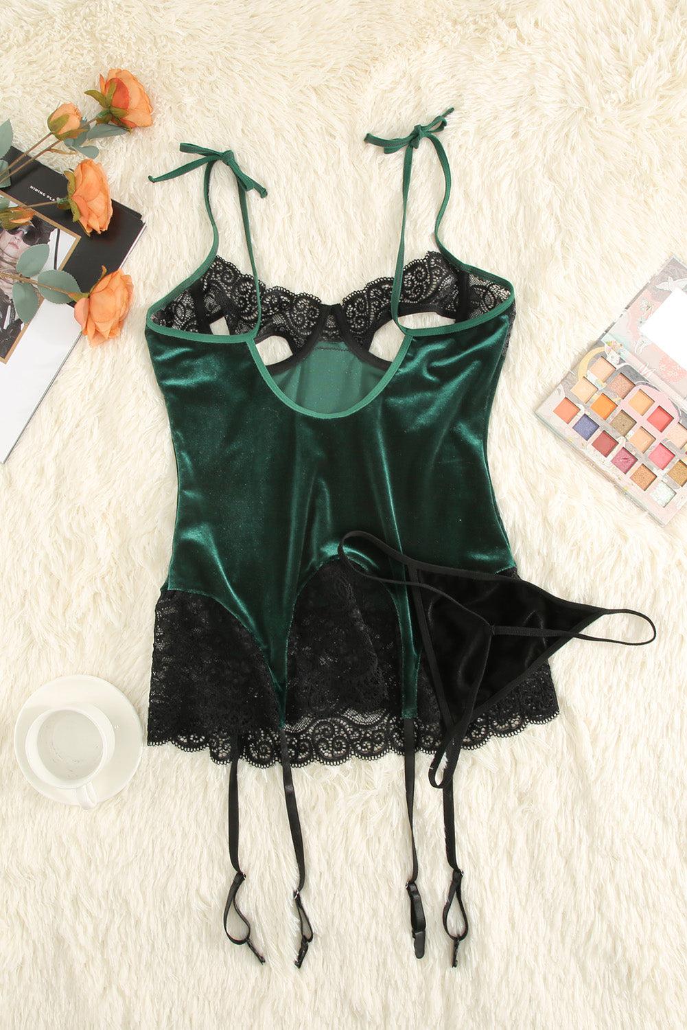 Contrast Lace Velvet Cutout Halter Neck Babydoll Set BLUE ZONE PLANET