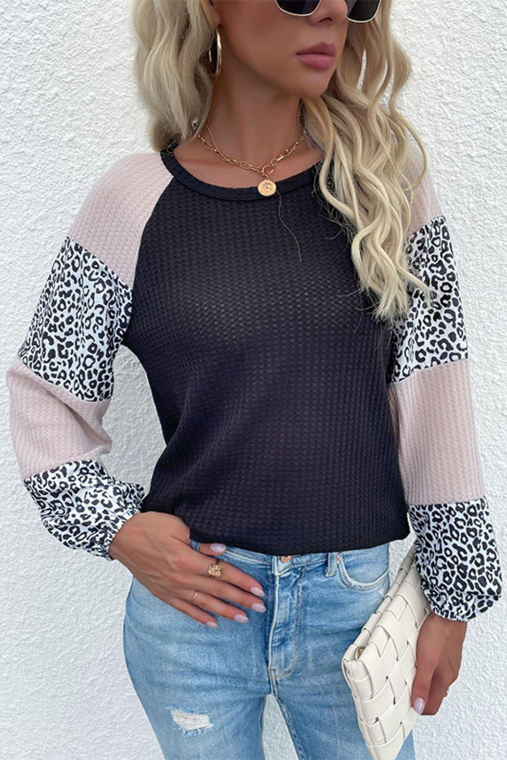 Contrast Leopard Print Waffle Knit Tee BLUE ZONE PLANET