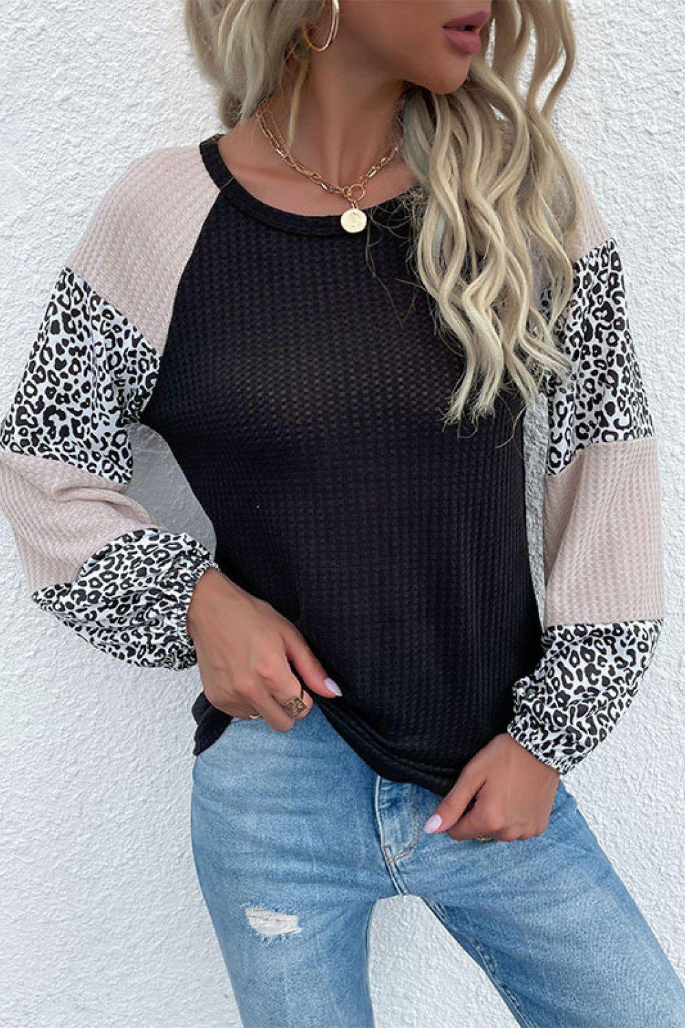 Contrast Leopard Print Waffle Knit Tee BLUE ZONE PLANET