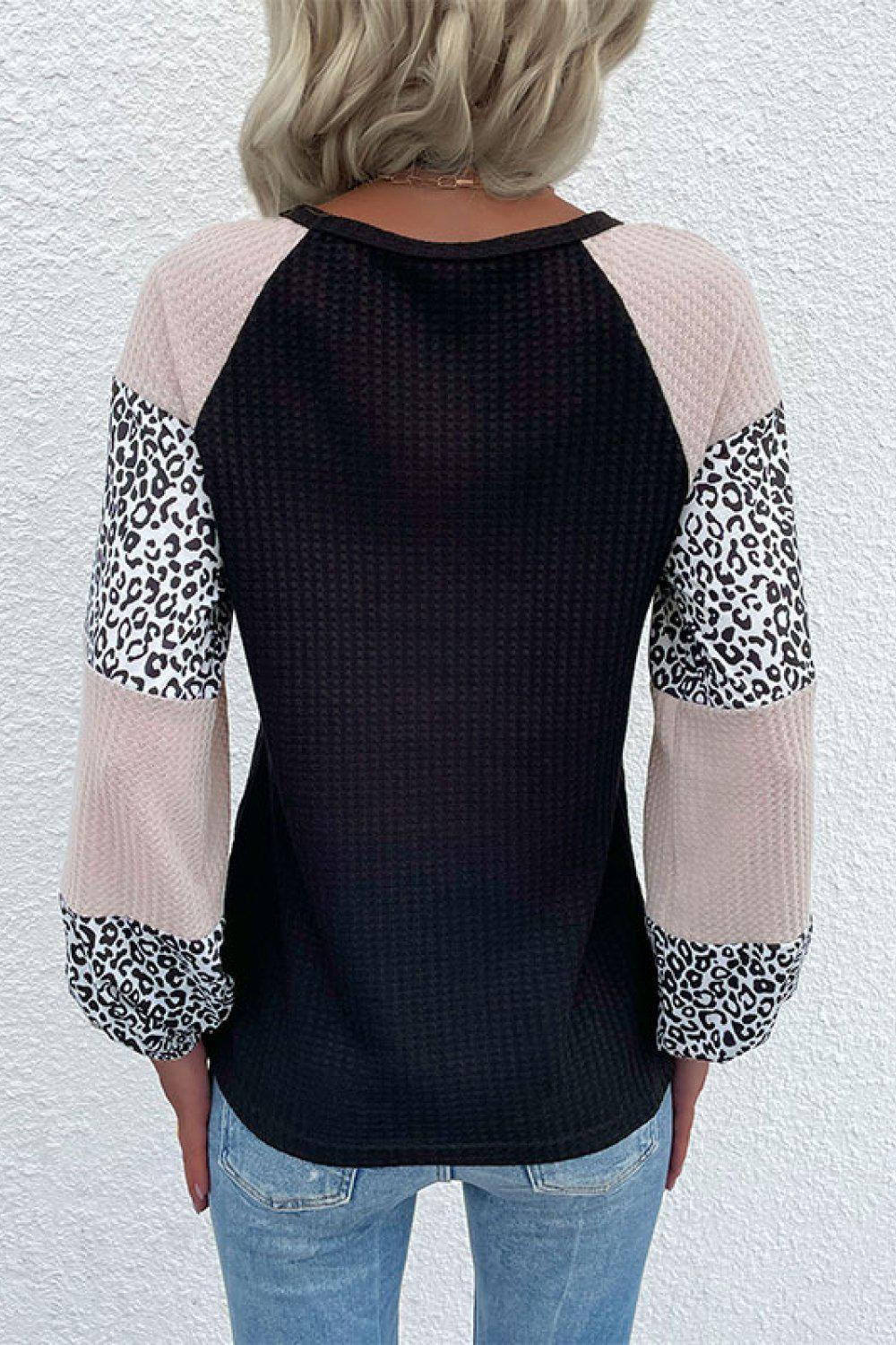 Contrast Leopard Print Waffle Knit Tee BLUE ZONE PLANET