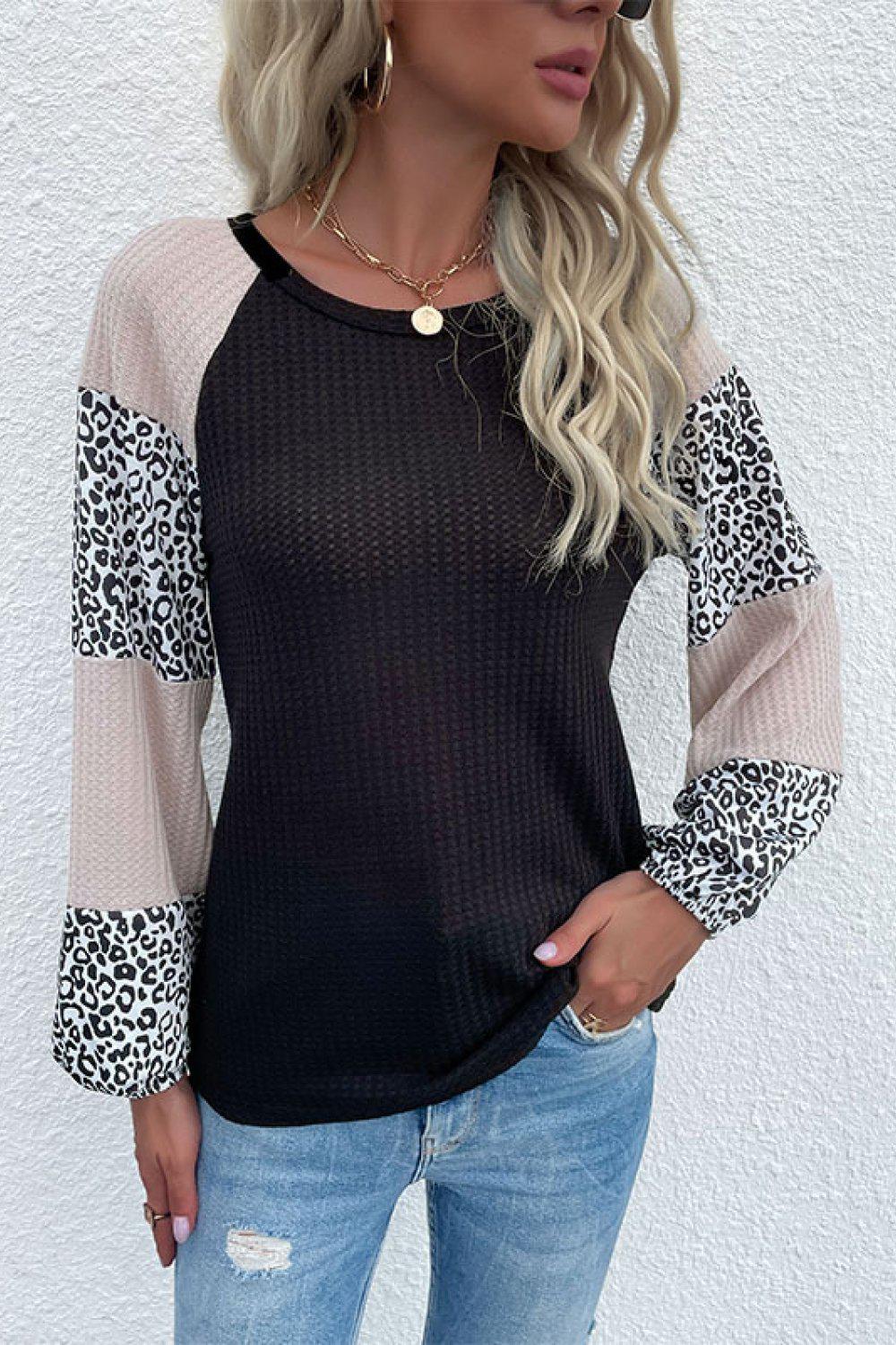 Contrast Leopard Print Waffle Knit Tee BLUE ZONE PLANET