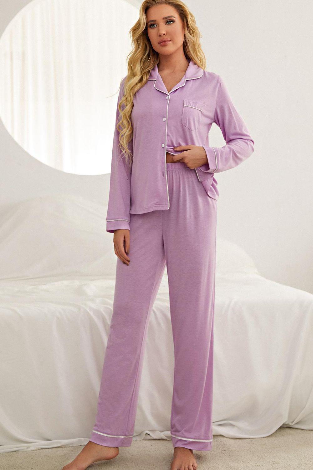 Contrast Piping Button Down Top and Pants Loungewear Set BLUE ZONE PLANET