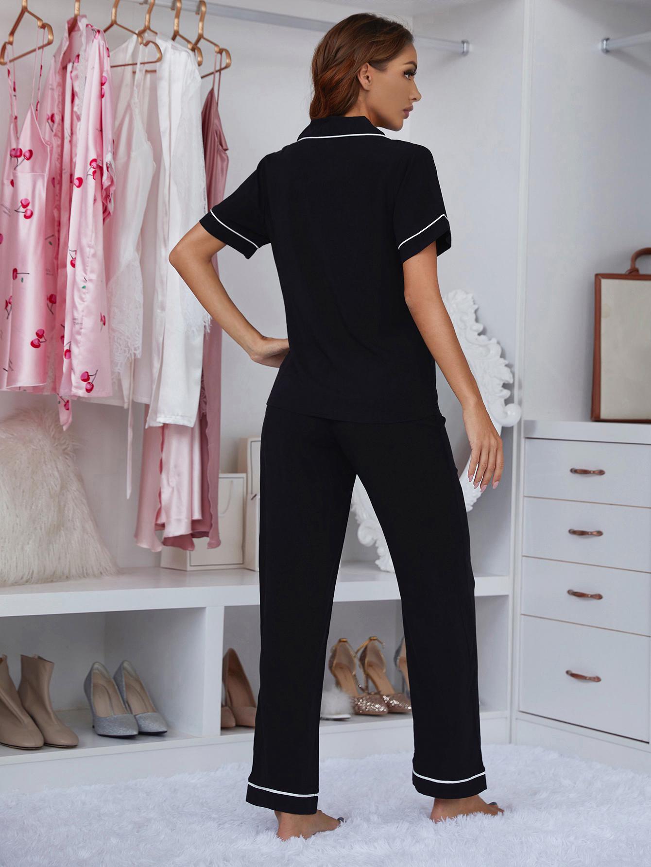 Contrast Piping Lapel Collar Short Sleeve Top and Pants Pajama Set BLUE ZONE PLANET