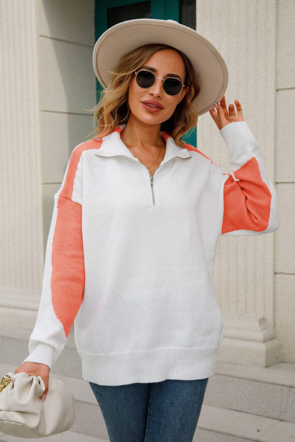 Contrast Quarter-Zip Collared Neck Sweater BLUE ZONE PLANET
