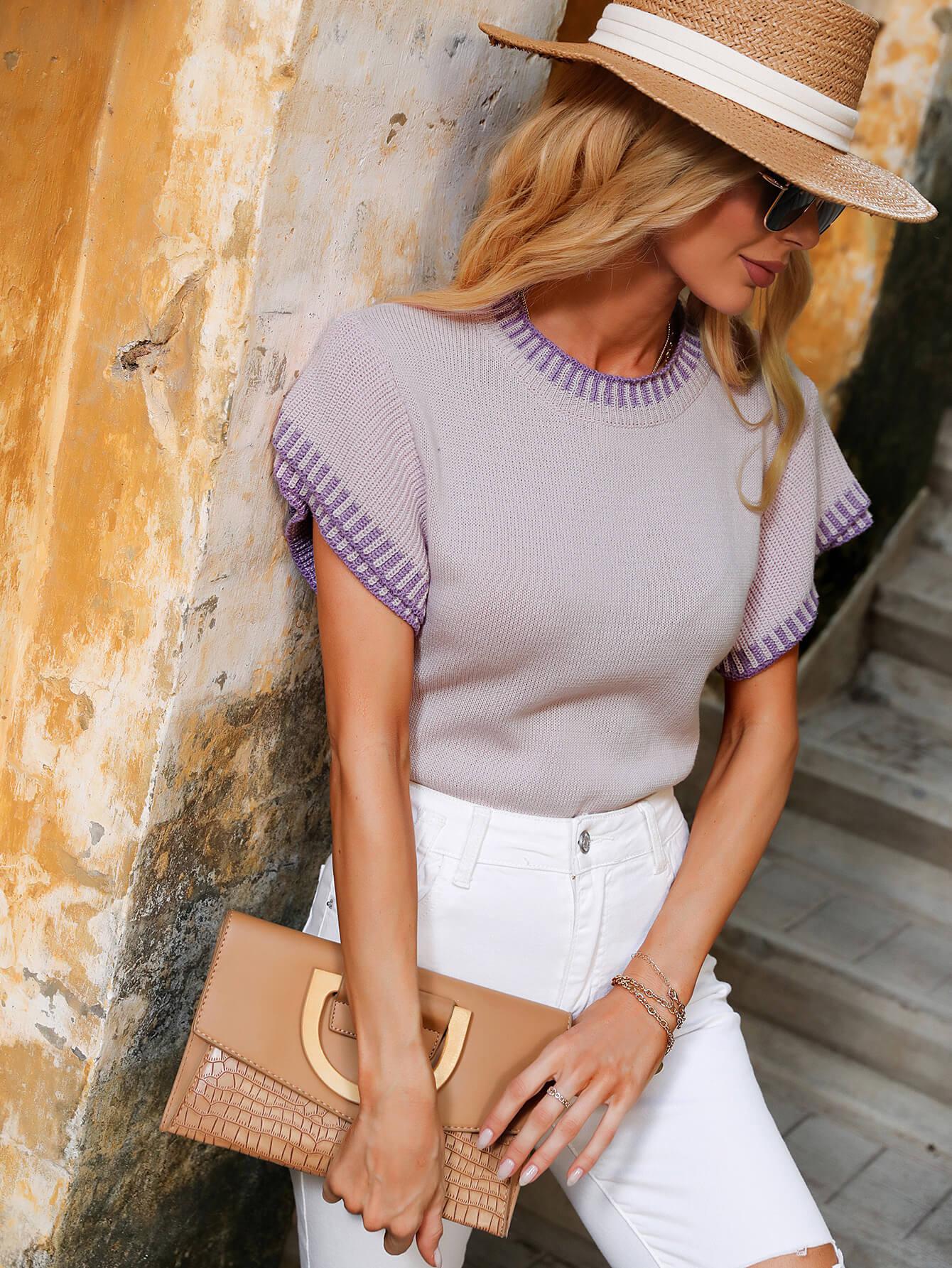 Contrast Round Neck Short Sleeve Knit Top BLUE ZONE PLANET