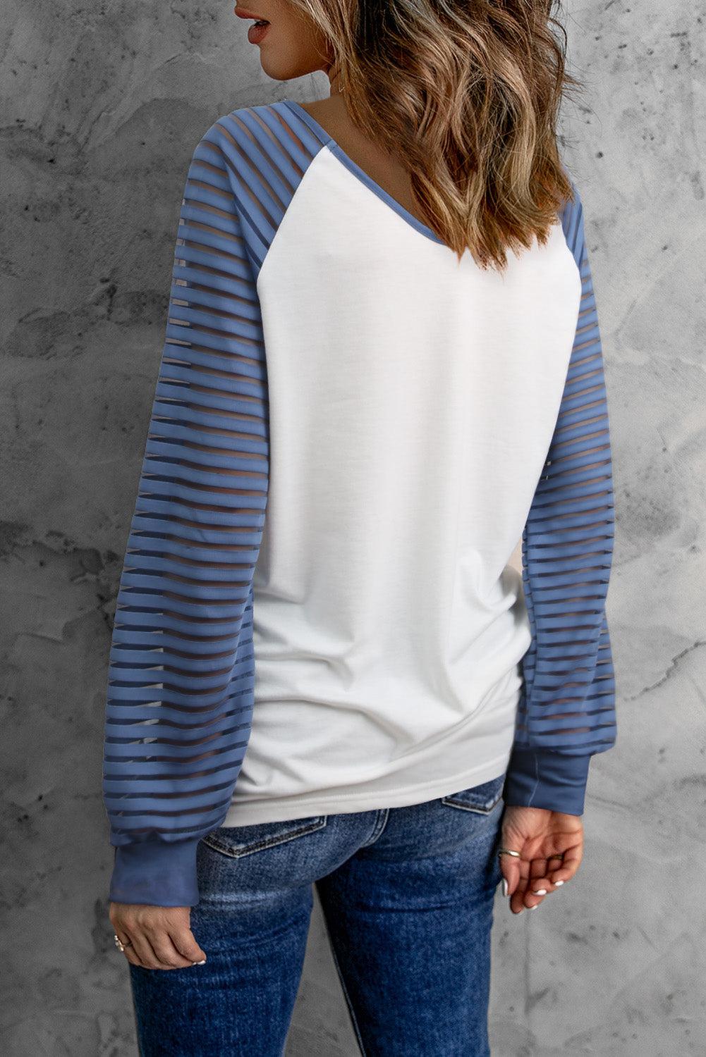 Contrast Sheer Striped V-Neck Top BLUE ZONE PLANET