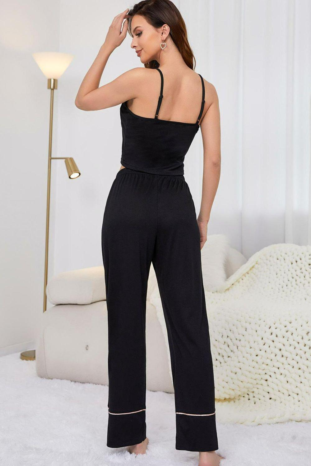 Contrast Trim Cropped Cami and Pants Loungewear Set BLUE ZONE PLANET