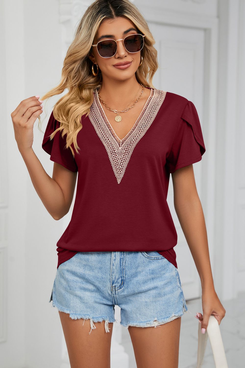 Contrast Trim Petal Sleeve V-Neck Top BLUE ZONE PLANET