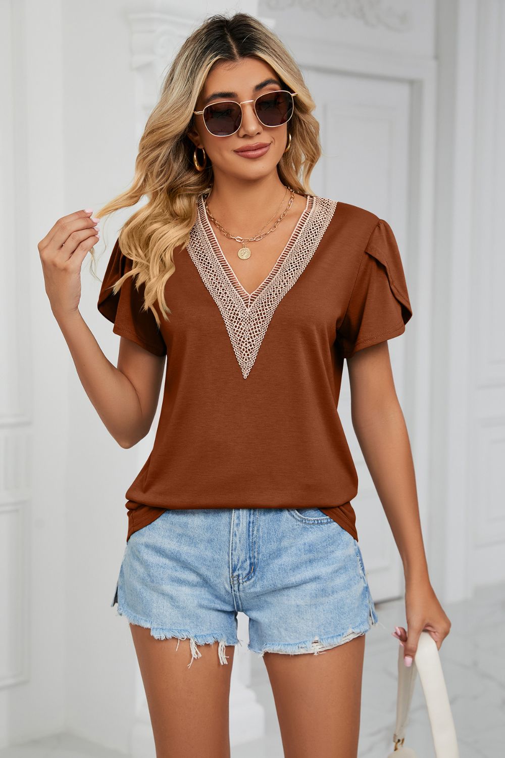 Contrast Trim Petal Sleeve V-Neck Top BLUE ZONE PLANET