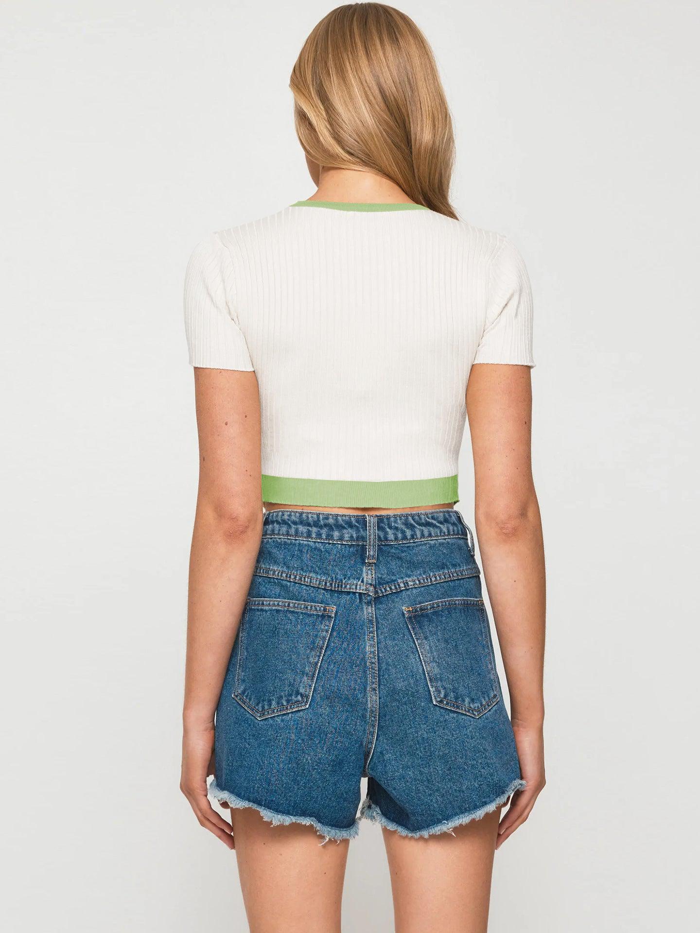 Contrast Trim Pointed Hem Ribbed Crop Top BLUE ZONE PLANET