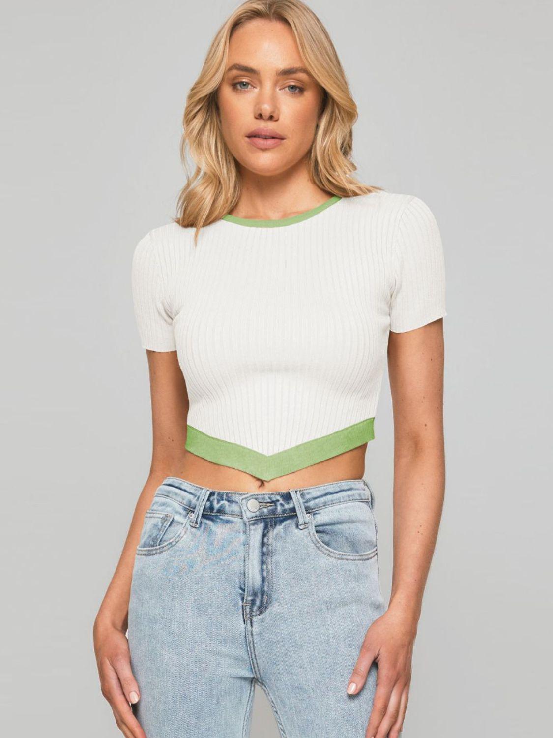 Contrast Trim Pointed Hem Ribbed Crop Top BLUE ZONE PLANET