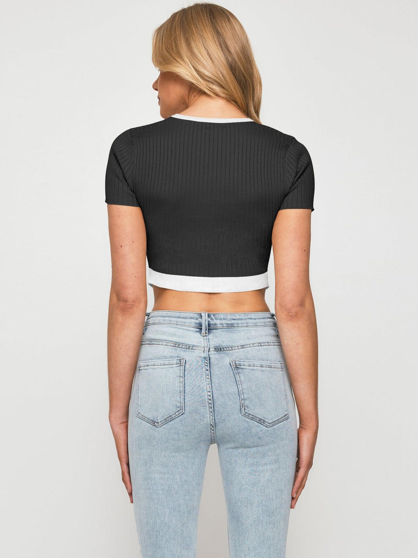 Contrast Trim Pointed Hem Ribbed Crop Top BLUE ZONE PLANET