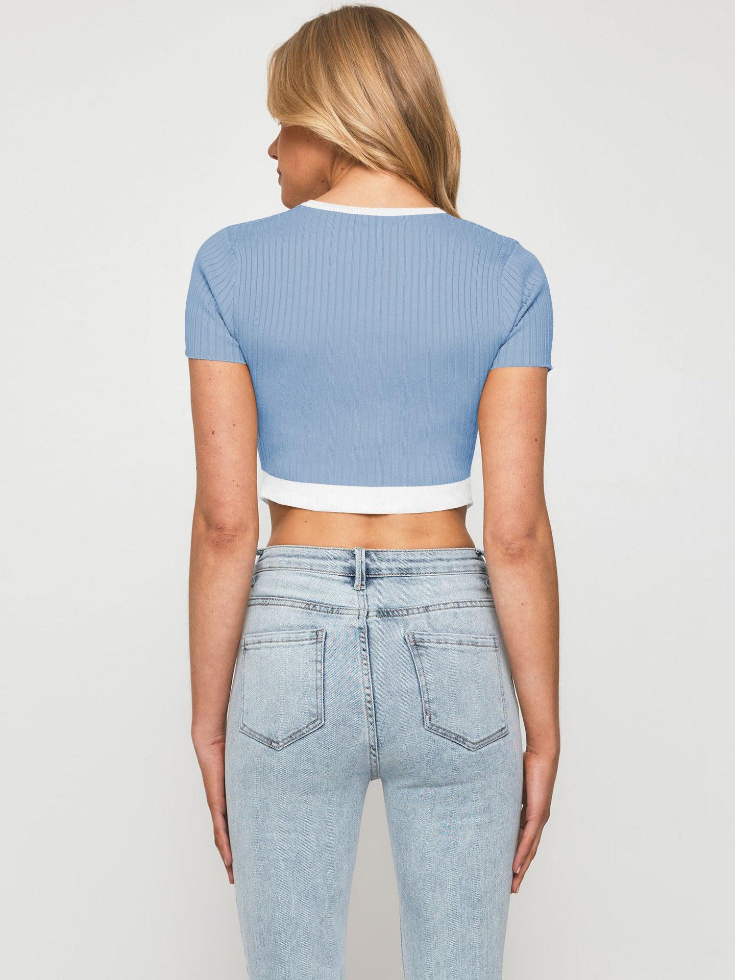 Contrast Trim Pointed Hem Ribbed Crop Top BLUE ZONE PLANET