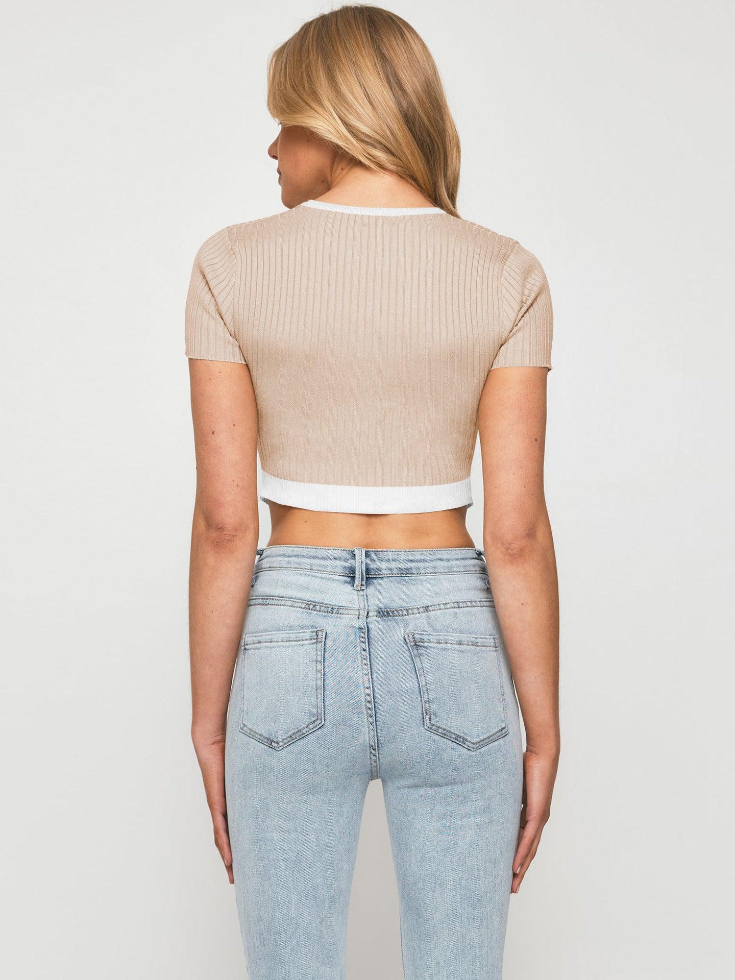 Contrast Trim Pointed Hem Ribbed Crop Top BLUE ZONE PLANET