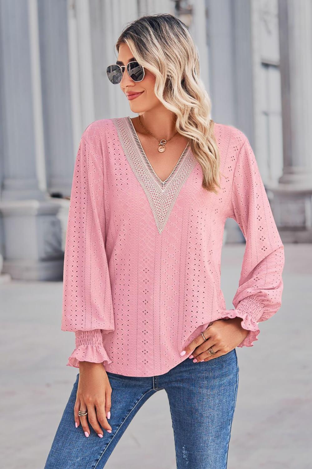 Contrast V-Neck Flounce Sleeve Top BLUE ZONE PLANET