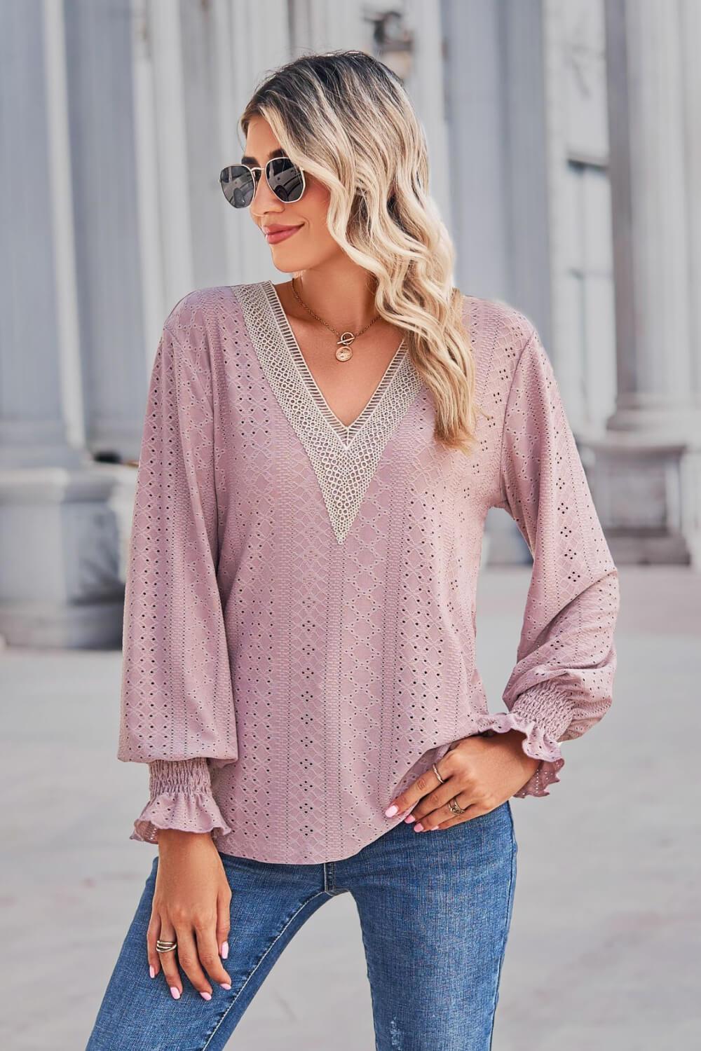 Contrast V-Neck Flounce Sleeve Top BLUE ZONE PLANET