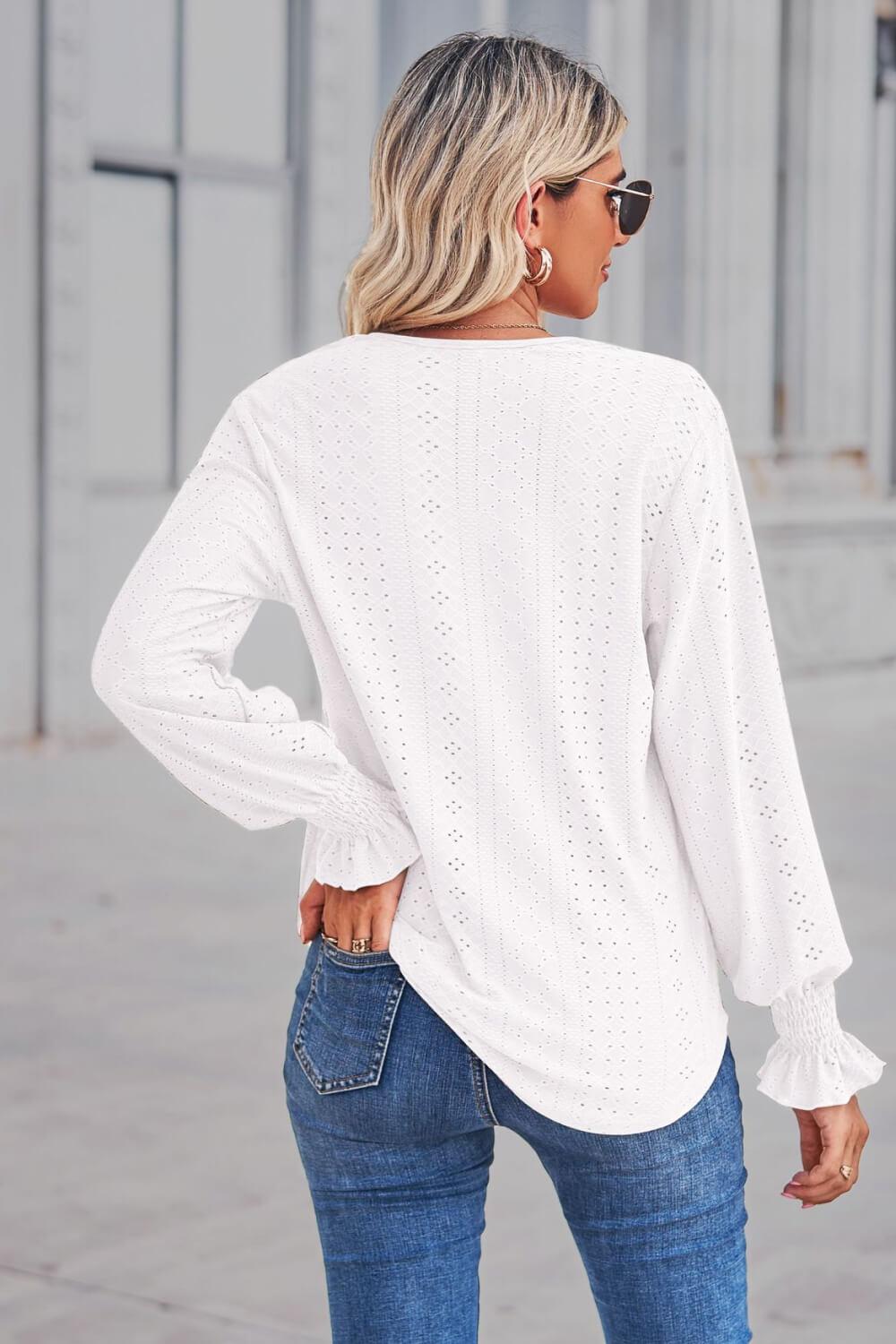 Contrast V-Neck Flounce Sleeve Top BLUE ZONE PLANET