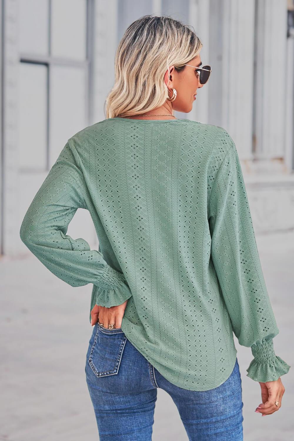 Contrast V-Neck Flounce Sleeve Top BLUE ZONE PLANET