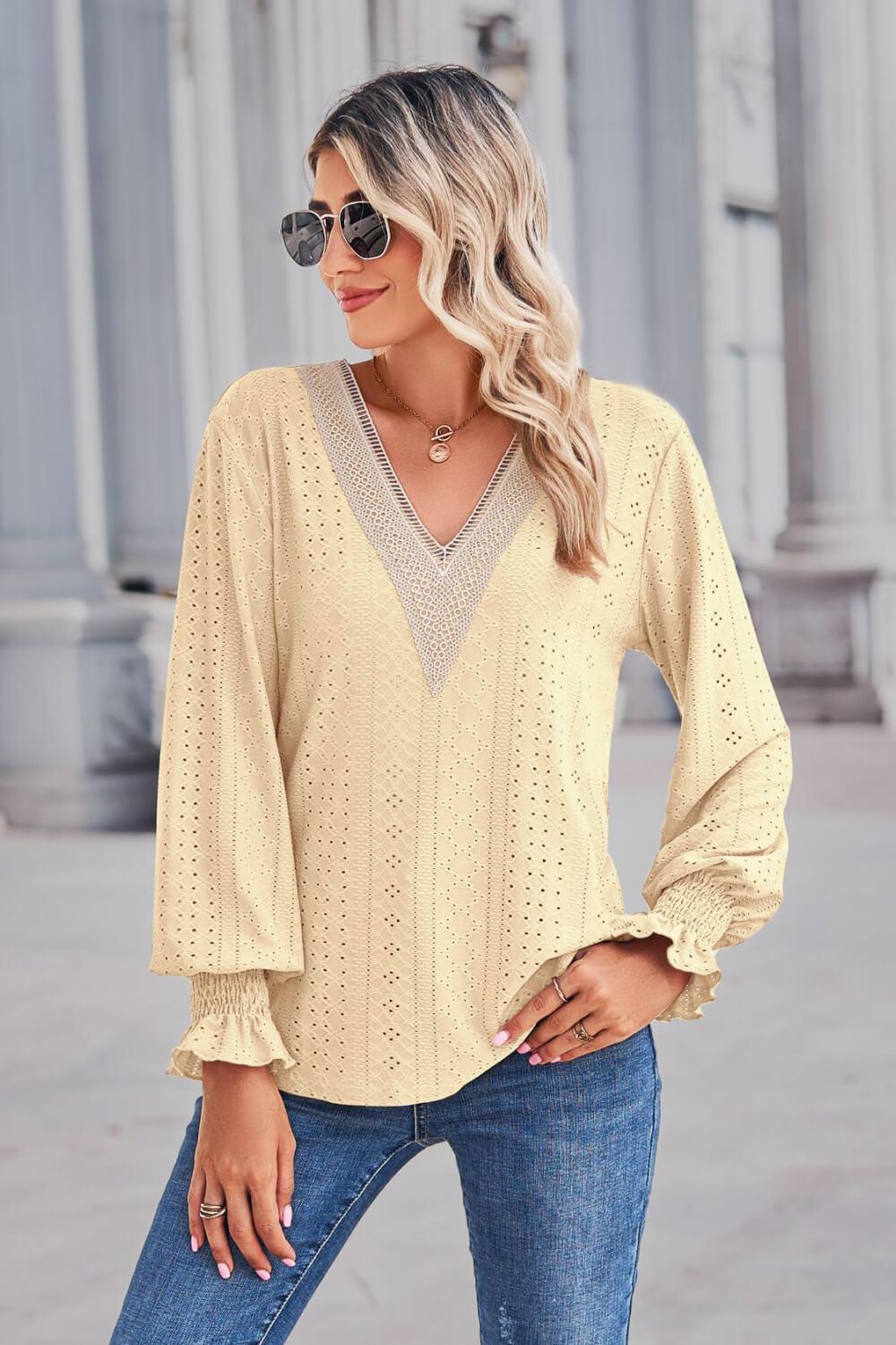 Contrast V-Neck Flounce Sleeve Top BLUE ZONE PLANET