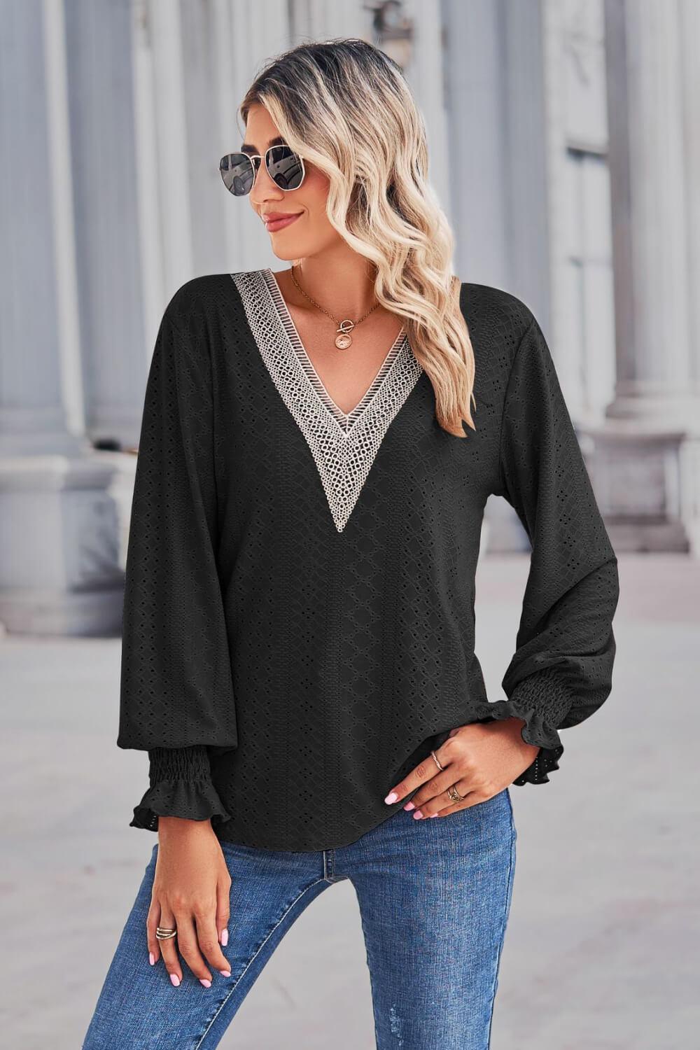 Contrast V-Neck Flounce Sleeve Top BLUE ZONE PLANET