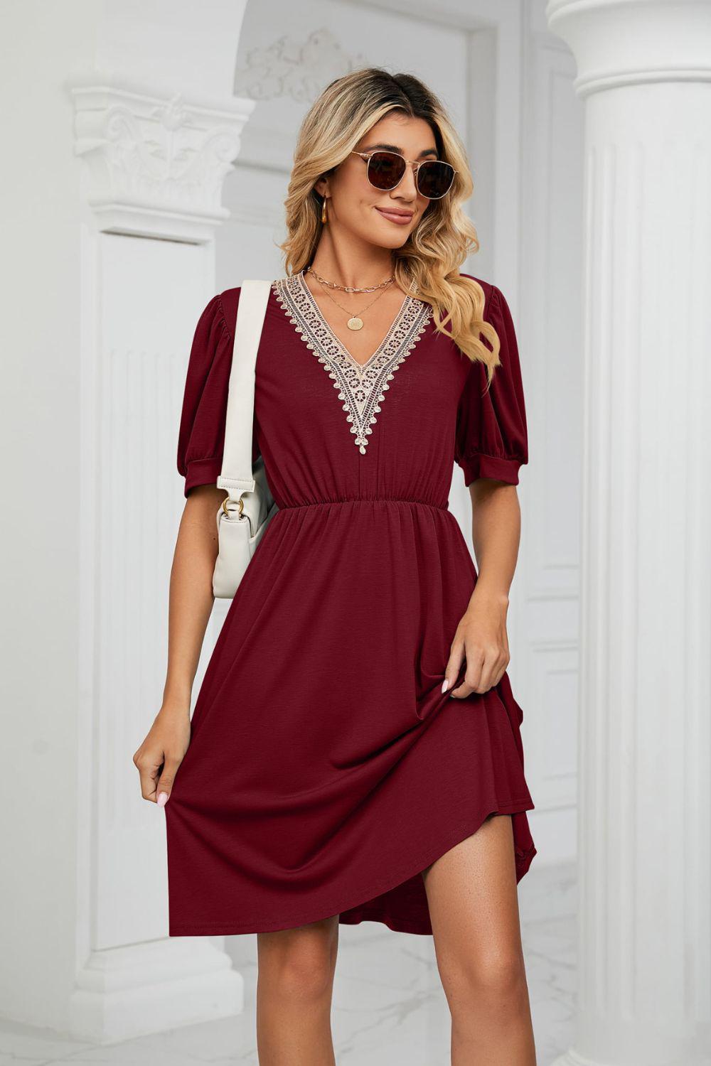 Contrast V-Neck Puff Sleeve Pocket Dress BLUE ZONE PLANET
