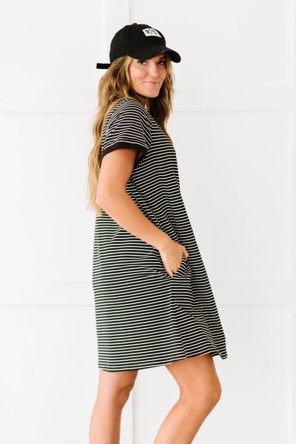 Cotton Bleu Simplicity is Best Full Size Striped T-Shirt Dress in Black BLUE ZONE PLANET