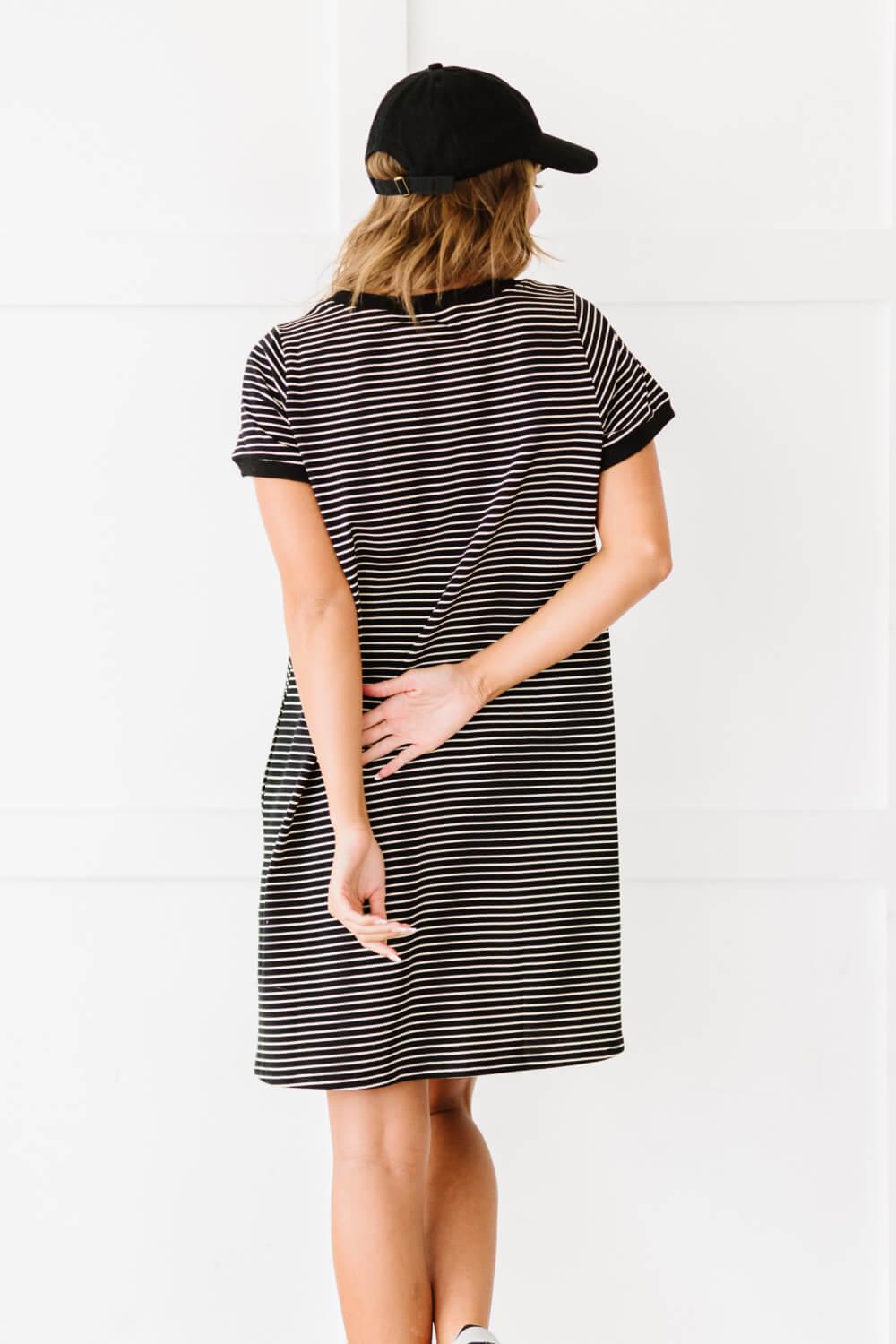 Cotton Bleu Simplicity is Best Full Size Striped T-Shirt Dress in Black BLUE ZONE PLANET