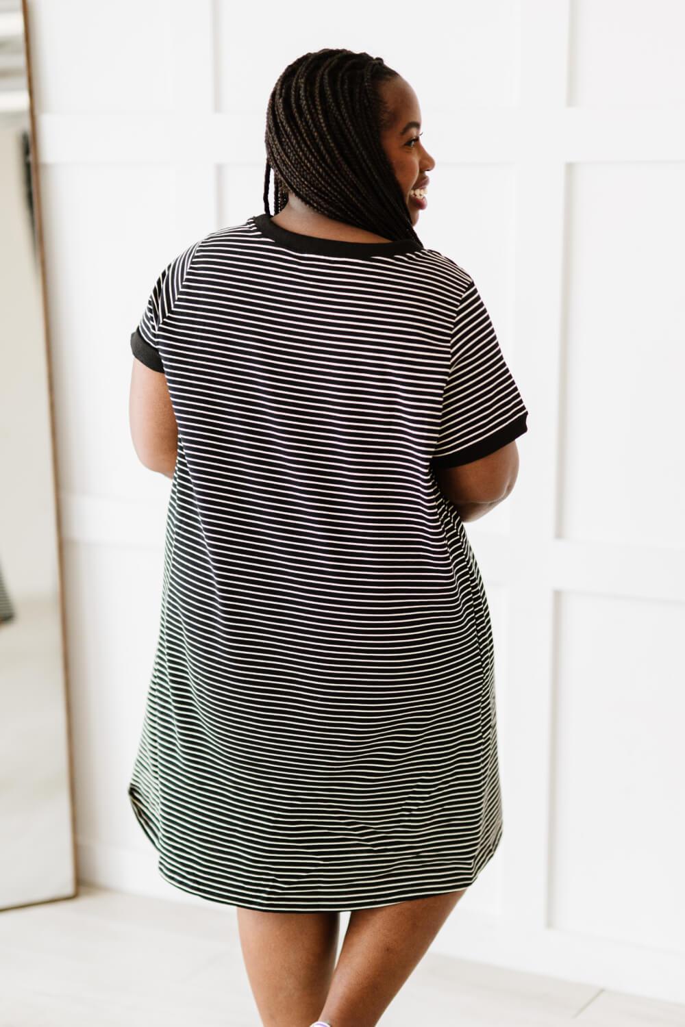 Cotton Bleu Simplicity is Best Full Size Striped T-Shirt Dress in Black BLUE ZONE PLANET