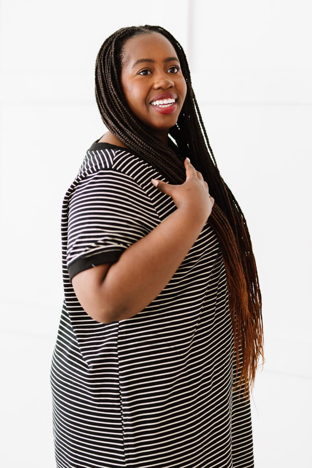 Cotton Bleu Simplicity is Best Full Size Striped T-Shirt Dress in Black BLUE ZONE PLANET