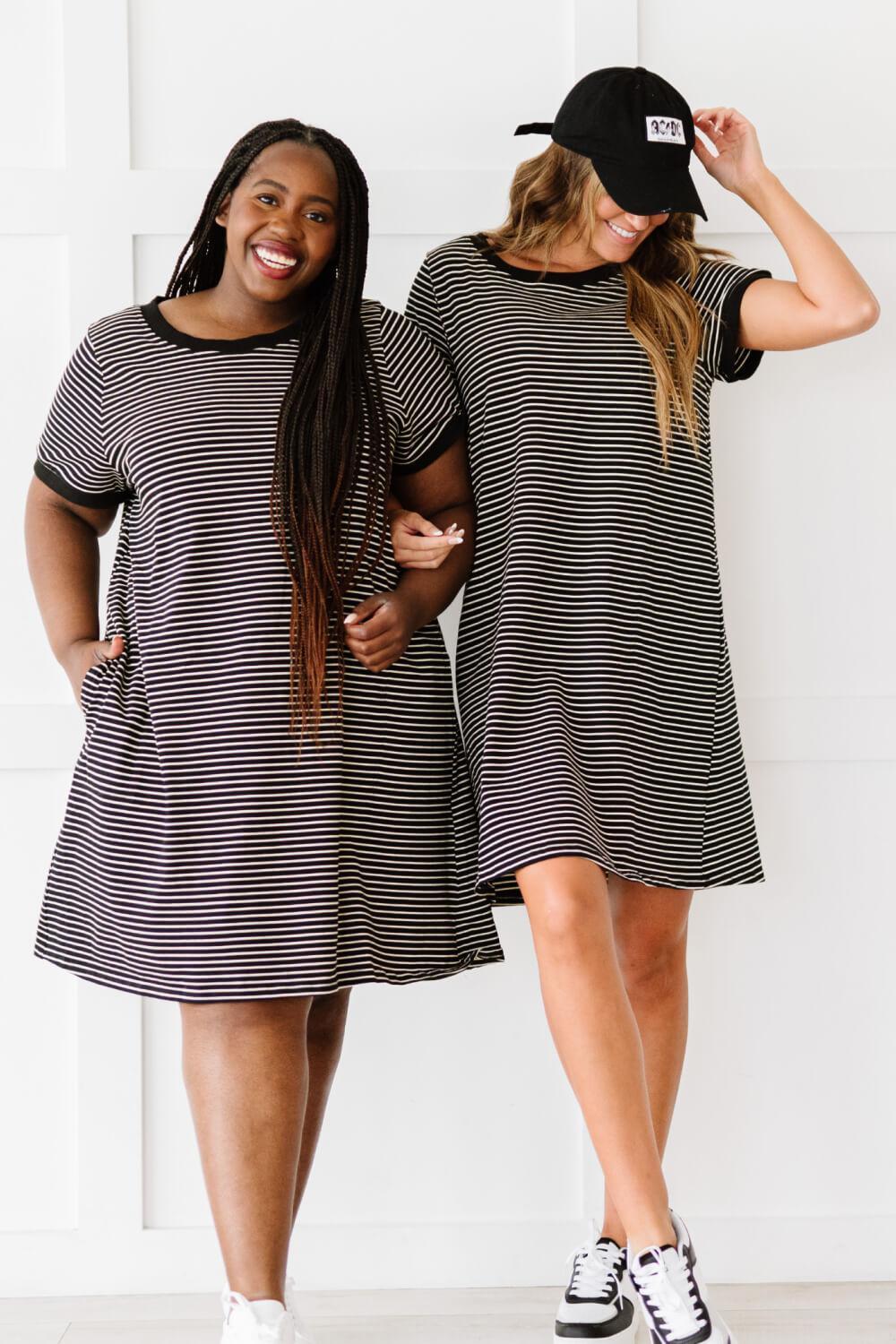 Cotton Bleu Simplicity is Best Full Size Striped T-Shirt Dress in Black BLUE ZONE PLANET