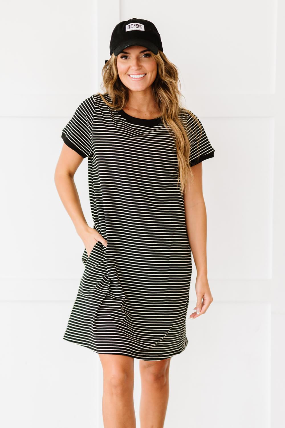 Cotton Bleu Simplicity is Best Full Size Striped T-Shirt Dress in Black BLUE ZONE PLANET