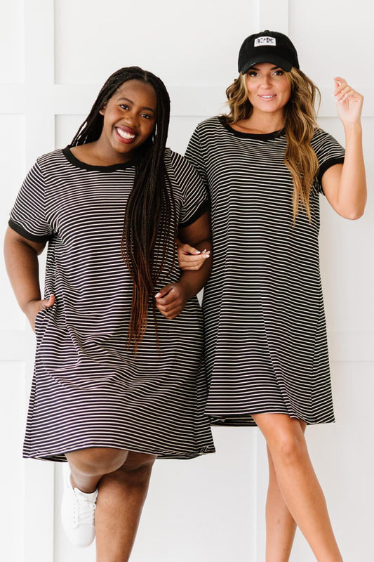Cotton Bleu Simplicity is Best Full Size Striped T-Shirt Dress in Black BLUE ZONE PLANET
