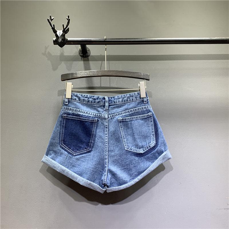 Cowgirl Shorts Stitching Curled Solid Color Block A-line Short Half-length Jeans Blue Zone Planet